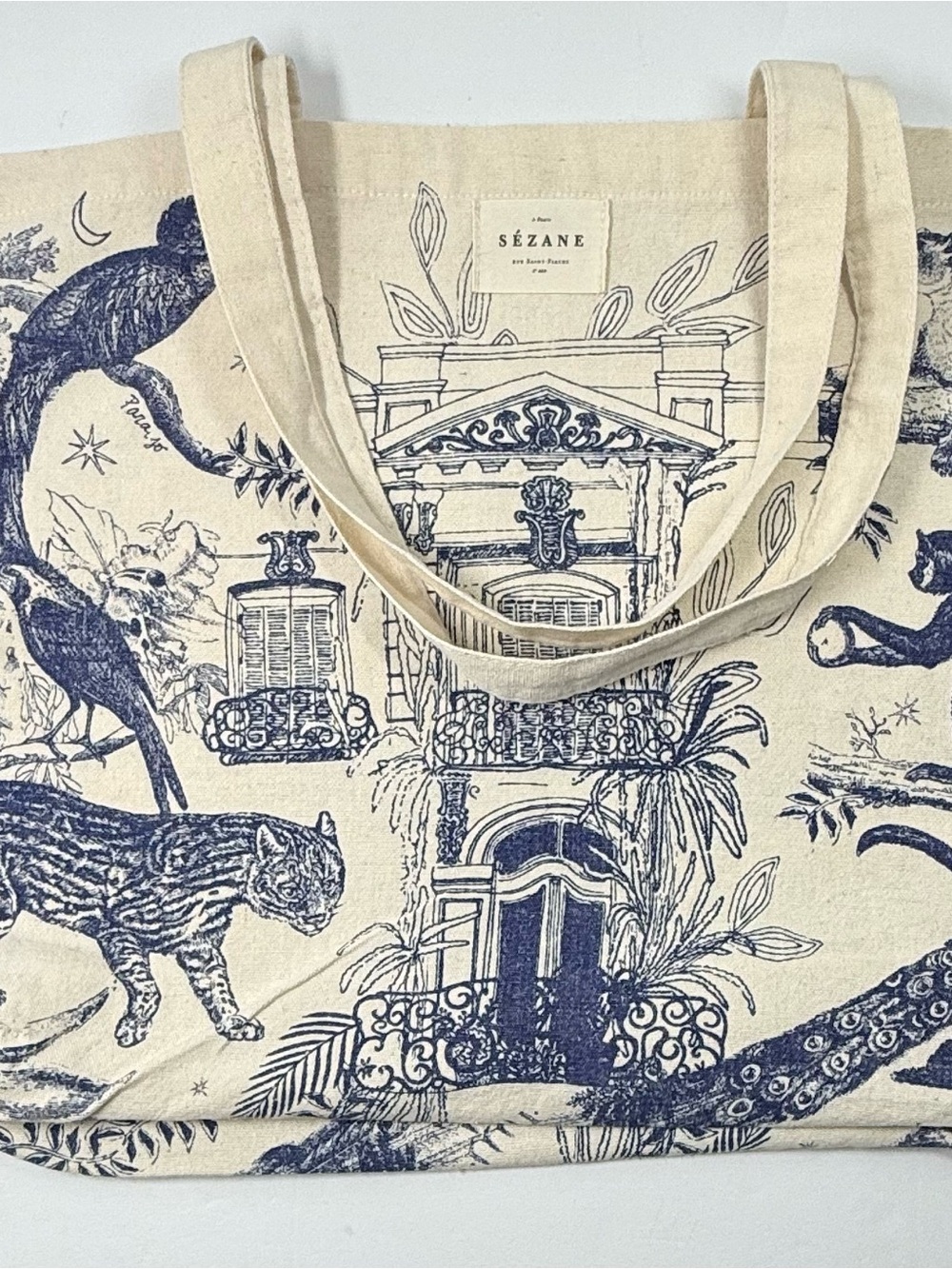 Sezane Maia Bunge Tote Blue Jungle Paradiso Print canvas tote bag. - Picture 8 of 9